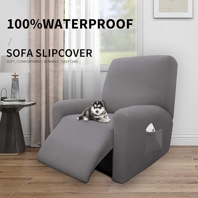 Easy-Going 4 Pieces 100% Dual Waterproof Recliner Cover Stretch Soft Couch Cover for Dogs, Sofa Slipcover for Recliner Couch Leakproof Furniture Protector for Kids, Light Gray
