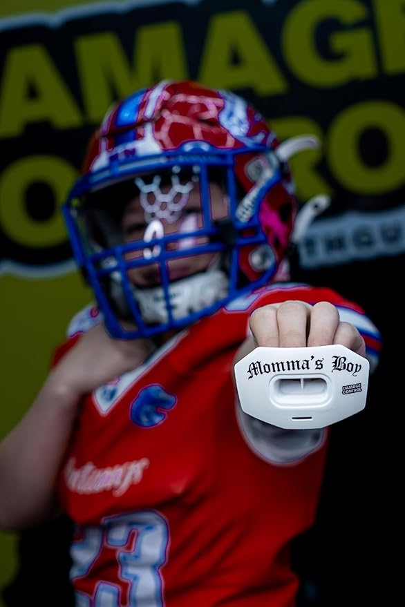 DAMAGE CONTROL Youth Football Mouth Guard – Breathable No Boil Mouthpiece, Protects Lips & Teeth, Works with Braces, Includes Helmet Strap – Sports Gear & Accessories (Momma's Boy)