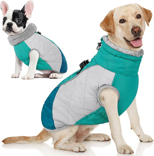 AOFITEE Dog Winter Coat, Dog Coat for Large Dogs, Reflective Large Dogs Jacket with Harness Built in and Fleece Lined, Waterproof Pet Winter Jacket Warm Snowsuit for Cold Weather, Green XXL