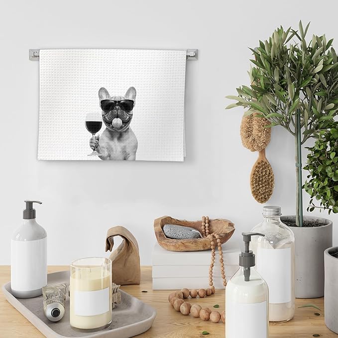 French Bulldog Gifts Wine Kitchen Towels Set of 2, Funny French Bulldog Wine Lover Decorative Hand Dish Towel for Kitchen Home Bar, Gifts for Dog Beer Lovers Home Bar Cart Decor(16x24Inch)