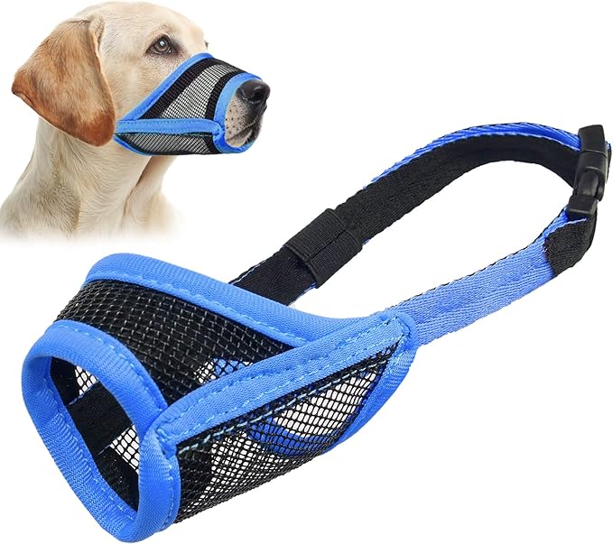 LUCKYPAW Dog Muzzle, Mesh Muzzle for Small Medium Dogs, Soft Mouth Cover to Prevent Biting Chewing, Drinkable Breathable Adjustable Puppy Mouth Guard(Blue, M)