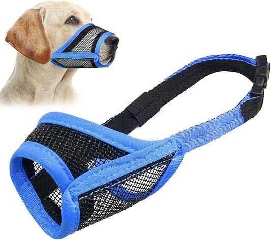 LUCKYPAW Dog Muzzle, Mesh Muzzle for Small Medium Dogs, Soft Mouth Cover to Prevent Biting Chewing, Drinkable Breathable Adjustable Puppy Mouth Guard(Blue, M)