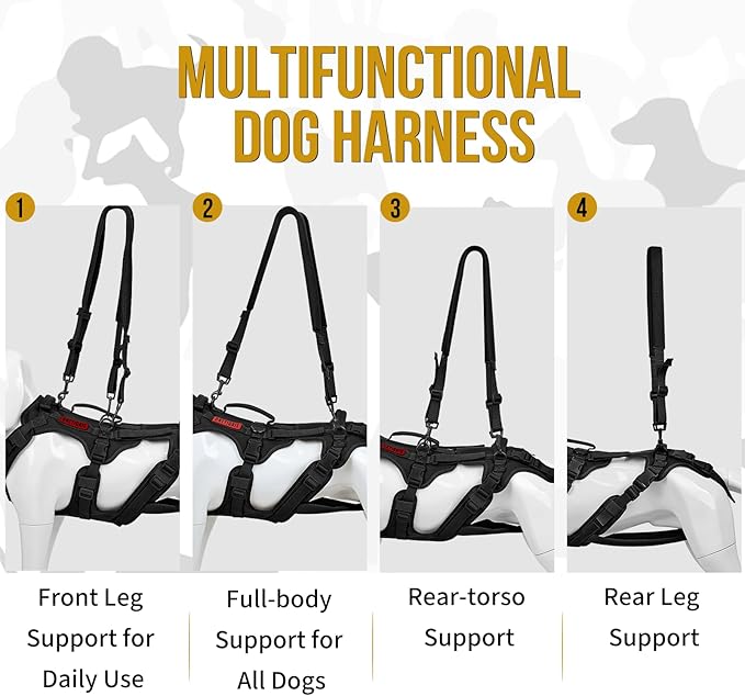 OneTigris Dog Full Body Lift Harness, All-Gender Dogs Friendly Design, Dog Sling Carrier with Three Handles Front/Rear Leg Assist for Arthritis(Black, X- Large)