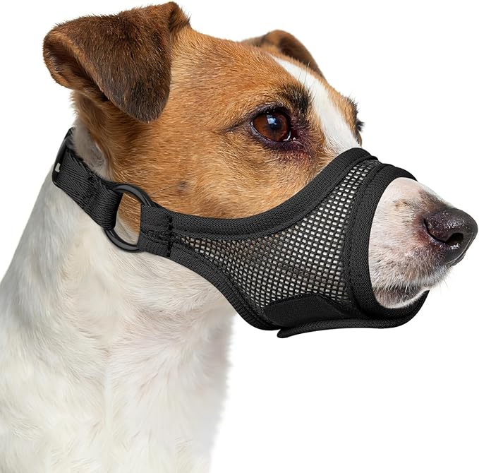 Mayerzon Mesh Dog Muzzle, Adjustable Muzzle for Small Medium Dogs, Prevent Fierce Barking Biting Eating, Ideal for Grooming Vet Visits Walking, Allow Panting & Drinking, Soft & Breathable (Black, S/M)