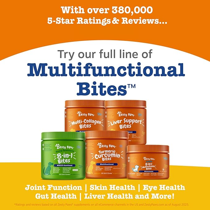 Zesty Paws Dog Multivitamin, Chewable Dog Vitamins and Supplements for Hip & Joints, Skin & Coat, Omega 3 Fish Oil for Dogs- Senior & Puppy Multivitamin- Chicken- 90ct