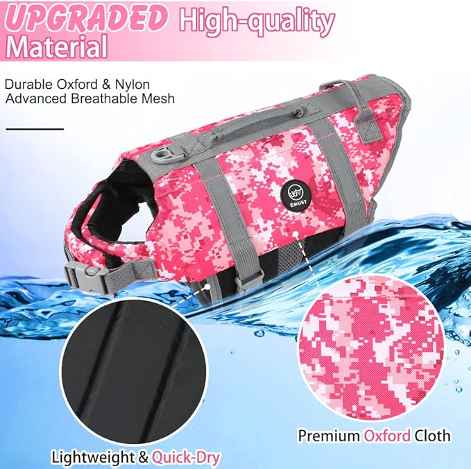 EMUST Dog Life Vests, Adjustable Pet Life Jacket with Rescue Handle, Dog Flotation Vest for Small/Medium/Large Dogs, XS, NewPinkCamouflage