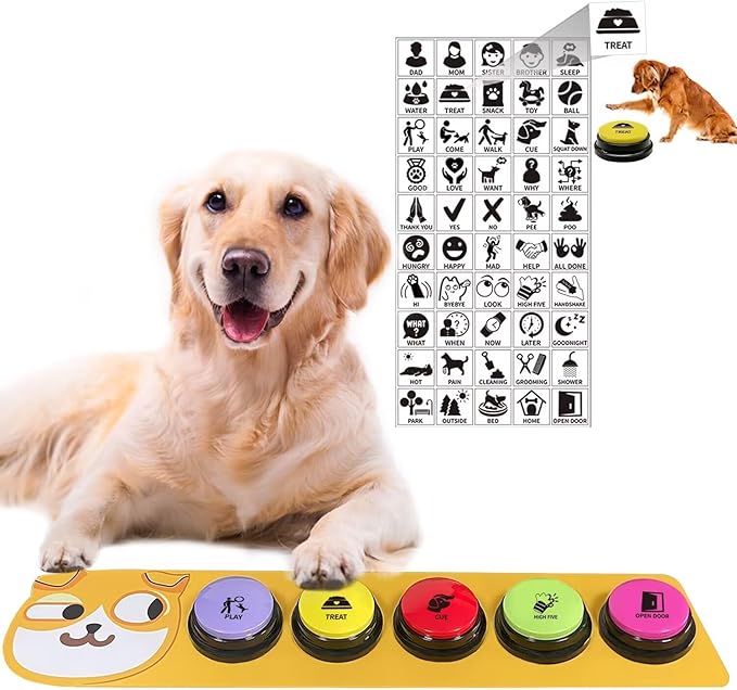 RIBOSY Dog Buttons for Communication, 5 Pcs Dog Speech Training Buzzers with Non-Slip Rubber Pad and 50 Stickers, 30 Seconds Voice Recording Button for Pet to Voice What They Want (Battery Included)