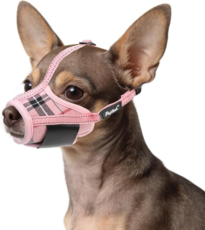 PUPTECK Dog Muzzle, Soft Adjustable Loop Reflective Pets Muzzle Prevent Biting Barking Chewing, Breathable Muzzle with Air Mesh Dog Mouth Guard Drinkable for Large Medium Small Sized, Pink Plaid S