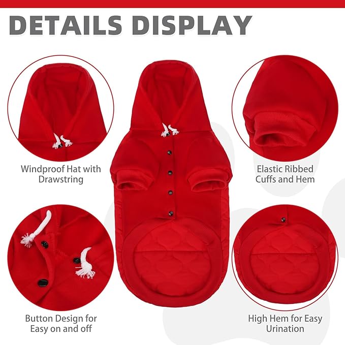 KOOLTAIL Warm Dog Winter Coat for Small Dogs, Waterproof Puppy Jacket with Leash Hole,Cold Weather Pet Vest for Winter, Soft Hoodie Sweater Sweatshirt Clothes Outfit for Puppy Cats Girls Boys Red S