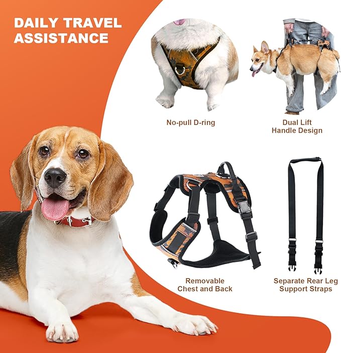 Dog Lift Harness, Dog Lift Sling Carrier with Handle & Shoulder Sling, Support Harness for Rear Back Legs Helps,Disabled,Arthritis,Joint Injuries,Paralysis Up Stairs（Orange,Extra Large）