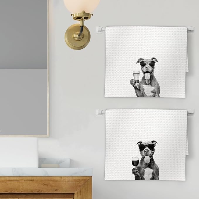 Pitbull Gifts Wine Kitchen Towels Set of 2, Gifts for Pit Bull Dog Wine Lovers Decorative Hand Dish Towel for Kitchen Home Bar, Funny Pitbull Dog Beer Lover Home Bar Cart Decor(16x24 Inch)