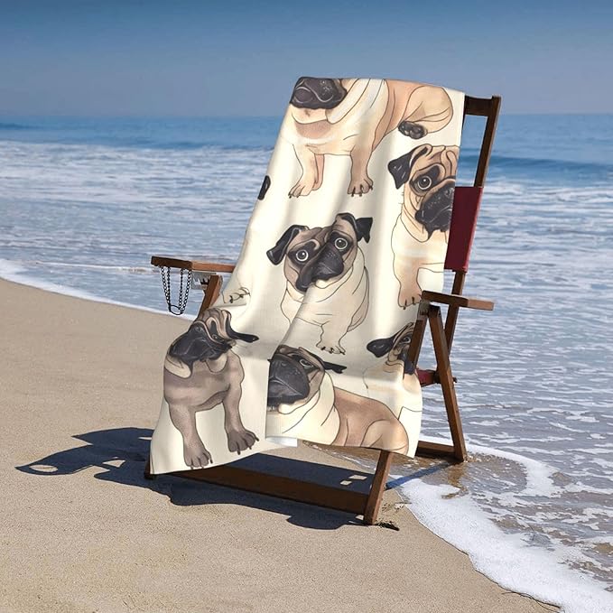 Pug Beach Towel Cute Dog Sand-Free Microfiber Bath Towel Ultra Soft Quick Dry Pool Towel Absorbent Towel Lightweight Towel Gifts for Outdoor Bathroom Swimming Decor 31inx51in
