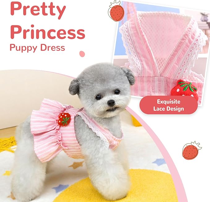 Cute Strawberry Small Dog Dress with D-Ring Princess Lace Girl Female Dog Clothes Spring Summer Breathable Mesh Pet Puppy Cats Harness Dress for Shih Tzu Yorkies Chihuahua(Pink,XX-Large)