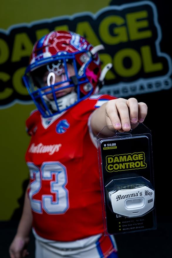 DAMAGE CONTROL Youth Football Mouth Guard – Breathable No Boil Mouthpiece, Protects Lips & Teeth, Works with Braces, Includes Helmet Strap – Sports Gear & Accessories (Momma's Boy)