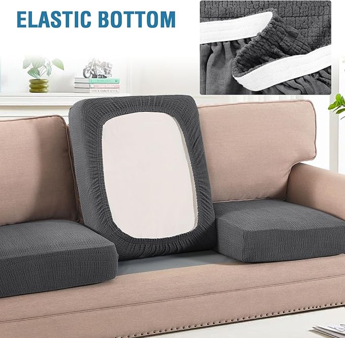 H.VERSAILTEX Jacquard Couch Cushion Covers High Stretch Sofa Covers for 3 Cushion Couch Furniture Protector Spandex Anti-Slip Soft Thickened Slipcovers Crizzle Pattern(3 Seat Covers, Grey)