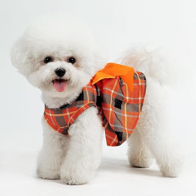 PUPTECK Plaid Fall Dog Dress Pet Apparel for Autumn with Cute Bowtie Puppy Clothes Outfit, Plaid, L