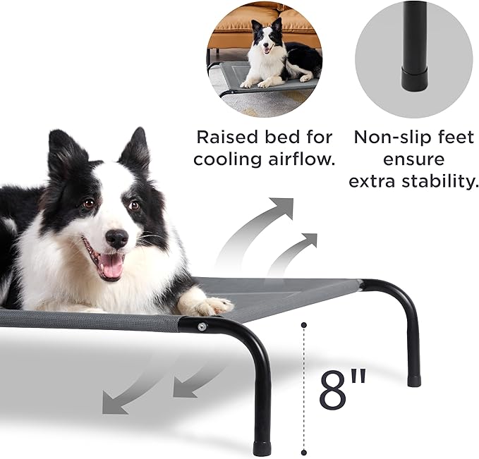 Bedsure Outdoor Elevated XL Dog Bed, Portable Indoor & Outdoor Cooling Raised Cot Pet Hammock Bed with Skid-Resistant Feet, Frame with Breathable Mesh, Grey, 54 inches