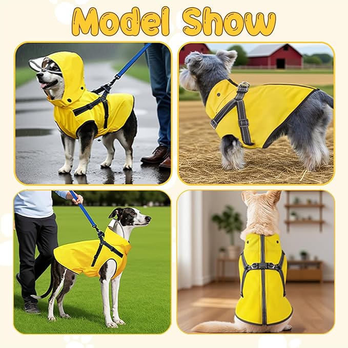 Dog Raincoat: Dog Rain Jacket with Reflective Harness & Removable Hood | Waterproof Dogs Rain Coat Poncho for Large Medium Small Dogs Puppies (Yellow - S)