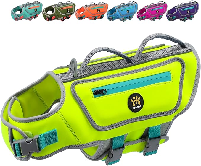Dog Life Vest for Swimming, High Flotation Dog Life Jacket for Large Dogs Good Visibility Reflective Pet Floating Vest, Adjustable Neoprene Dogs Swimsuit with Rescue Handle (Green, L)