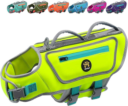 Dog Life Vest for Swimming, High Flotation Dog Life Jacket for Large Dogs Good Visibility Reflective Pet Floating Vest, Adjustable Neoprene Dogs Swimsuit with Rescue Handle (Green, L)