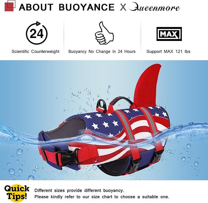 Queenmore Shark Dog Life Vest for Swimming, Pet Life Vests for Boating, High Buoyant DogLife Jacket, Ripstop High Flotation Swimsui for Small, Medium, Large Dogs (USA Flag,M)