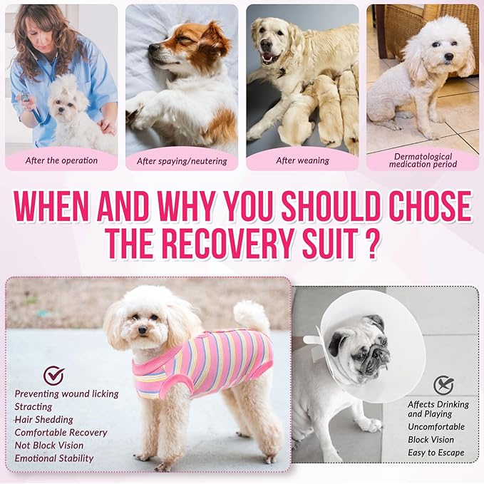 Lukovee Recovery Suit for Dogs, Onesie Surgery Recovery Suit for Female Male Dogs, Abdominal Wounds Cone E-Collar Alternative Prevent Licking Spay Recovery Suit (Pink Stripes,L)