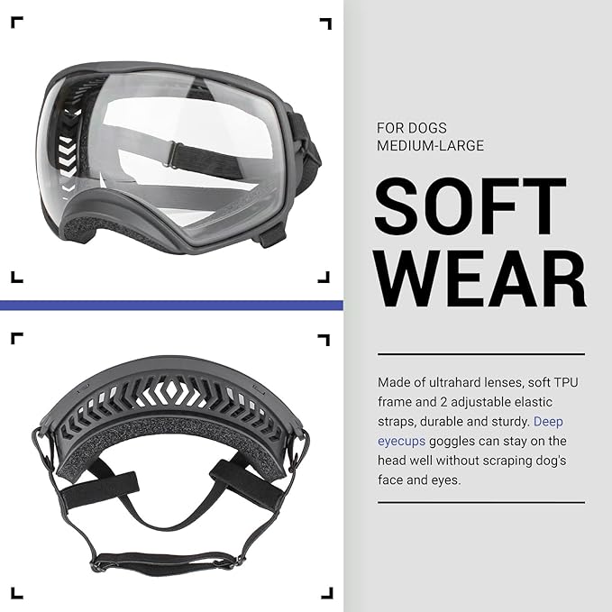 NAMSAN Dog Goggles for Large Dogs, Clear Lenses, Dog Sunglasses Medium to Large Breed, Anti-UV Doggie Eye Protection, Adjustable Driving Glasses, Windproof Dustproof, Black