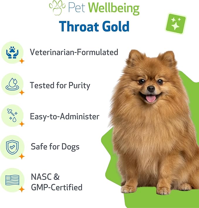 Pet Wellbeing Throat Gold for Dogs - Supports Collapsed Trachea & Throat Discomfort with Mullein & Slippery Elm for Kennel Cough - NASC Certified & Vet-Formulated 2 oz Liquid Formula