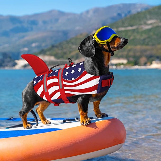 Queenmore Shark Dog Life Vest for Swimming, Pet Life Vests for Boating, High Buoyant DogLife Jacket, Ripstop High Flotation Swimsui for Small, Medium, Large Dogs (USA Flag,XXL)