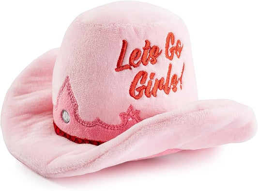 Haute Diggity Dog Cowgirl Hat Plush Dog Toy for Medium & Large Dogs, Western-Inspired Stuffed Dog Toys with Interactive Squeaker, Mesh Lining, Machine-Washable, Durable & Safe, One Size, Pink