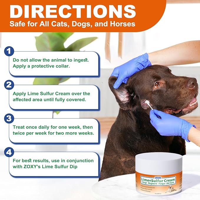 Lime Sulfur Cream, Mange Treatment Dogs & Cats, Ringworm Treatment for Cats, Soothes Itchy, Dry, Inflamed Skin, Promotes Hair Regrowth, Low Odor, No Rinse Needed, 2oz
