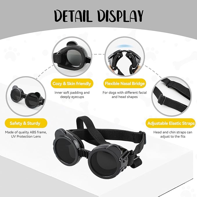 NAMSAN Dog Goggles Small Breeds, UV Protection Dog Glasses for XSmall to Small Dogs, Chihuahua Sunglases Windproof Dustproof Driving Eye Protection, Adjustable, Panda Black