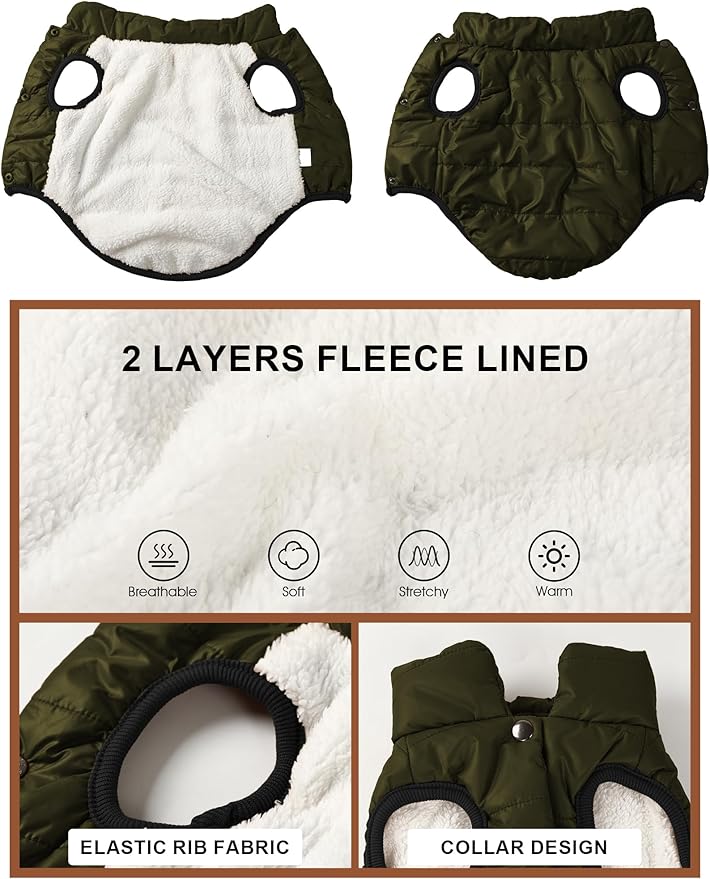 AURUZA Dog Winter Coat, Warm Waterproof Dogs Jacket Small Pet Vest for Medium Dogs Windproof Pet Fleece Vest Snow Jacket for Cold Weather(Army Green,3XL)