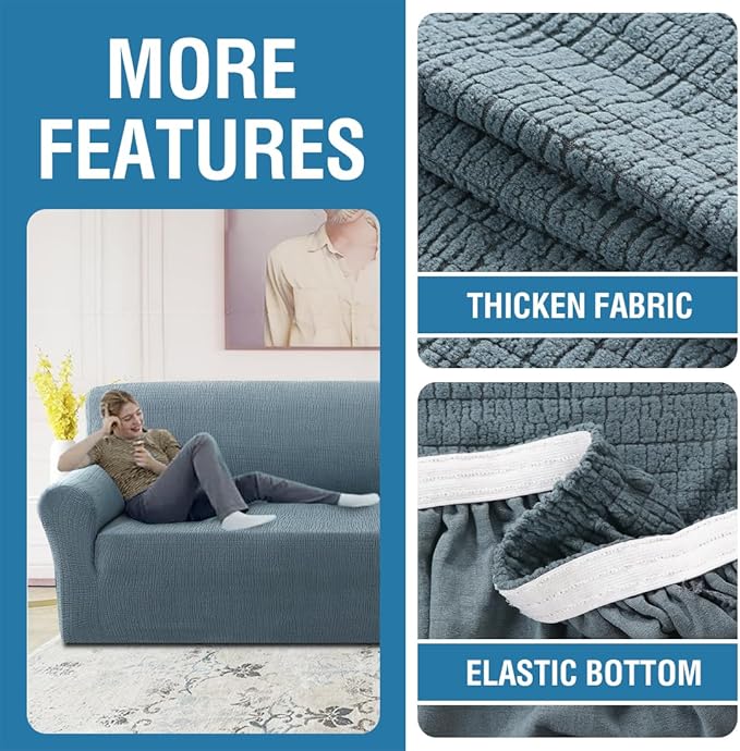H.VERSAILTEX Stretch Jacquard Couch Cover 1 Piece Soft Sofa Covers Furniture Protector with Elastic Bottom Anti-Slip Thickened Dogs Slipcovers Washable Crizzle Pattern(Sofa, Stone Blue)