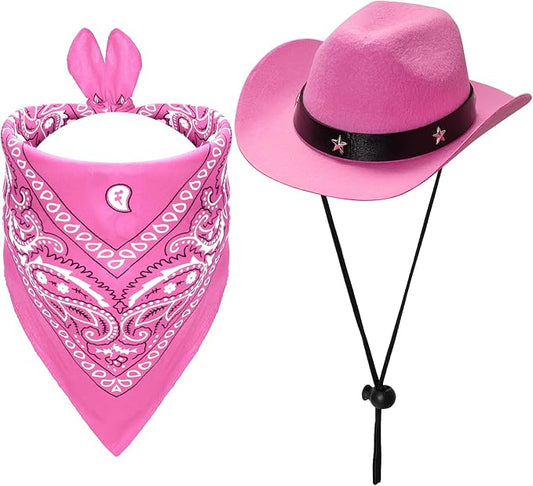 Fumwase Pet Cowboy Costume Halloween Costumes for Dogs Cat Puppy Hats with Bandana Scarf Cowboy Costume Accessories Dog Cat for Party Festival and Daily Wearing (Pink hat + Pink, Large)