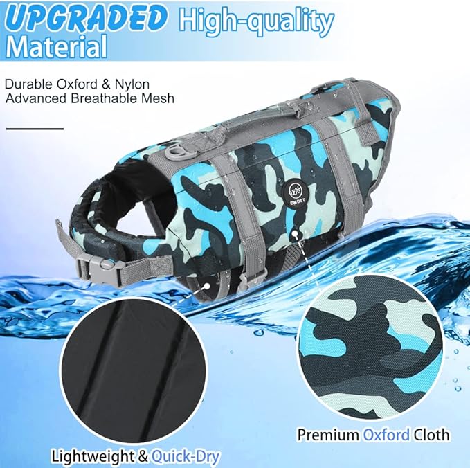 EMUST Dog Life Vests, Adjustable Pet Life Jacket with Rescue Handle, Dog Flotation Vest for Small/Medium/Large Dogs, XS, NewBlueCamouflage