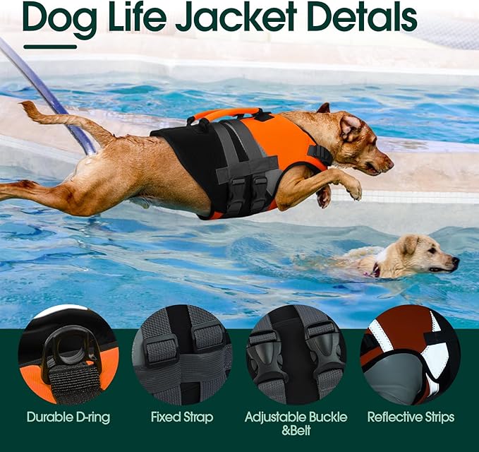 Kuoser Dog Life Jacket with Rescue Handle, High Flotation Dogs Swim Vest with Reflective Strips,Adjustable Dog Life Vest for Swimming, Boating, Pool&Beach, Doggy Lifejacket for Small Medium Large Dogs
