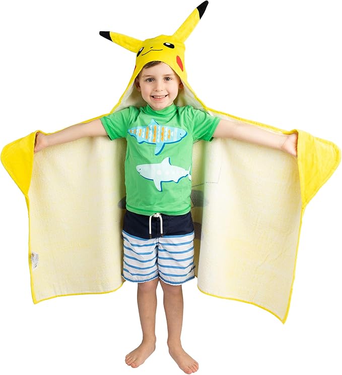 Franco Pokemon Pikachu Bath and Beach Soft Cotton Terry Hooded Towel Wrap,24" x 50" Kids,(Pack of 2)