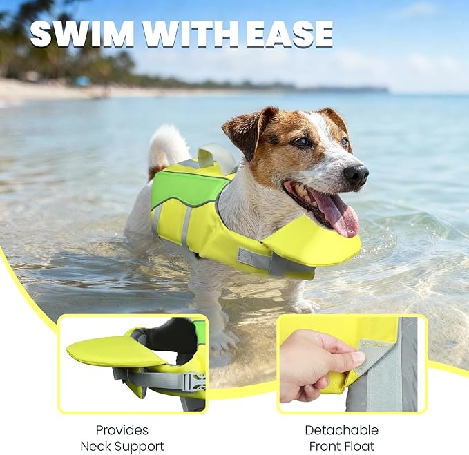 VIVAGLORY Front Float Dog Life Vest, Dog Life Jacket for Swimming & Boating, Swimming Vest with Chin Float & Handle, Ripstop & Buoyancy for Puppy Doggy, S, Yellow Grey