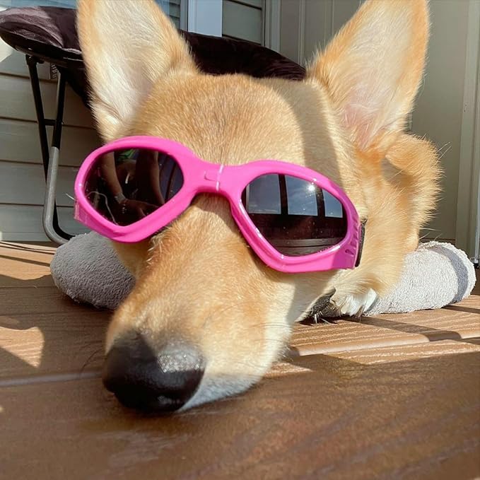 Enjoying Dog Sunglasses Medium Breed, Dog Goggles UV Protection, Cycling Eye Protection for Medium-Small Dogs, Outdoors Breathable Windproof Dustproof Anti-Fog, Adjustable Straps, Heart Pink