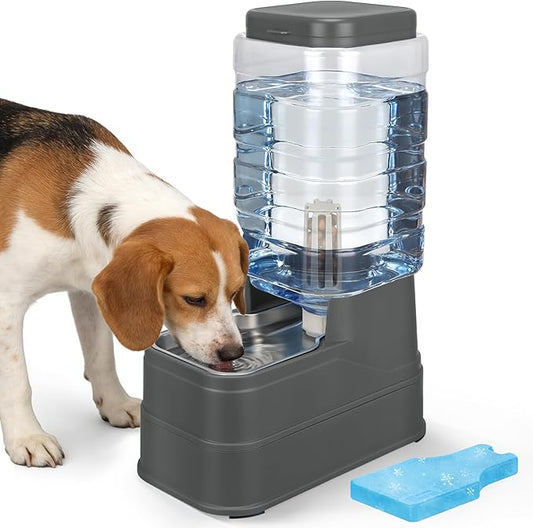 Automatic Dog Water Dispenser Gravity Stainless Steel Water Feeder Cat Waterer Feeder with Wide Mouth Bowl for Small Medium Dog Puppy Kitten (Filter &Ice Pack Included) 2.2Gallon Gray