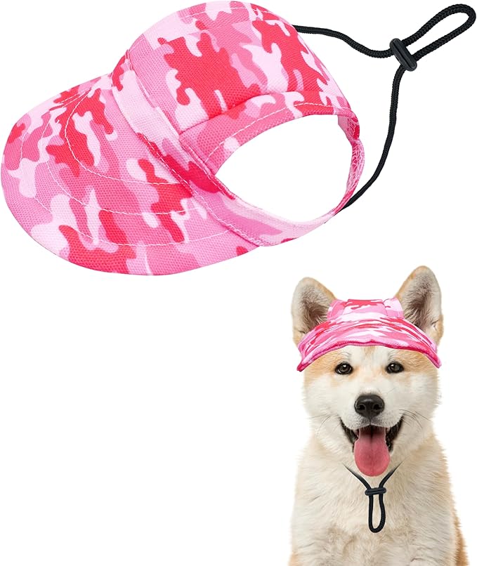 PET SHOW Dog Baseball Cap Camouflage Dog Visors for Medium Small Dogs Summer Waterproof Pet Sun Hats with Ear Holes Adjustable Drawstring Girl Puppy Hat -Pink/L