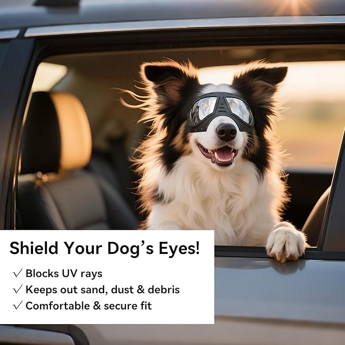 PETLESO Large Dog Goggles, Windproof Snowproof Anti-UV Dog Sunglasses for Medium to Large Breed Eye Protection, Soft Frame with Adjustable Straps, Black