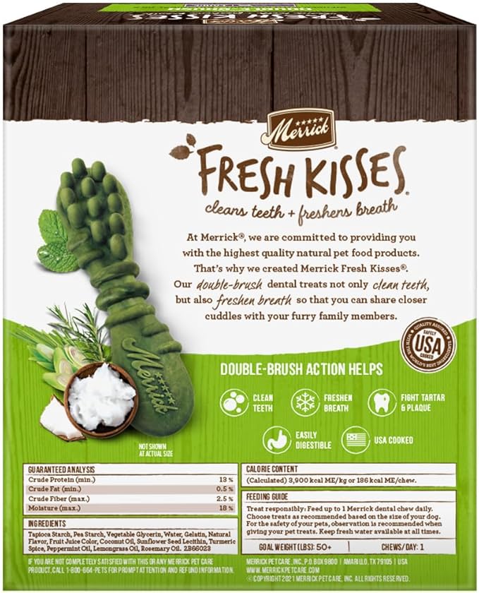 Merrick Fresh Kisses Natural Dental Chews Infused With Coconut And Botanical Oils For Large Dogs Over 50 Lbs - 16 ct. Box