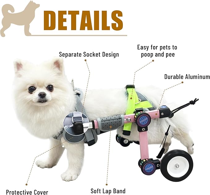 Adjustable Dog Wheelchair for Back Legs Mobility Support Lightweight Pet Wheelchair for Disabled Hind Legs Walking Stable Dog Cart for Pets, Pink (Small)