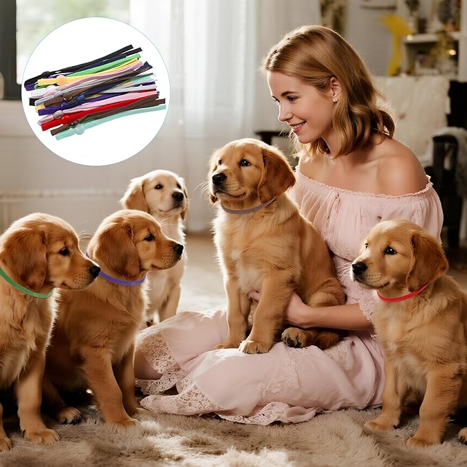 60PCS Stretchy Whelping Collars for Litter, Elastic Puppy Litter Collars Colored Whelping Identification Bands Adjustable Identification Loops for Newborn Puppies and Kittens 12 Colors (Small-3 Inch)