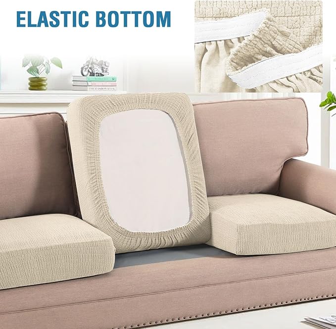 H.VERSAILTEX Jacquard Couch Cushion Covers High Stretch Sofa Covers for 3 Cushion Couch Furniture Protector Spandex Anti-Slip Soft Thickened Slipcovers Crizzle Pattern(3 Seat Covers, Ivory)