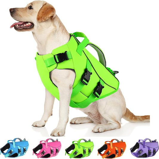Dogcheer Dog Life Jacket with Double Rescue Handle, Reflective Dog Harness Life Vest for Swimming Boating, Adjustable Pet Swim Vest Dog Flotation Device DFD for Small Medium Large Dogs - Green XL