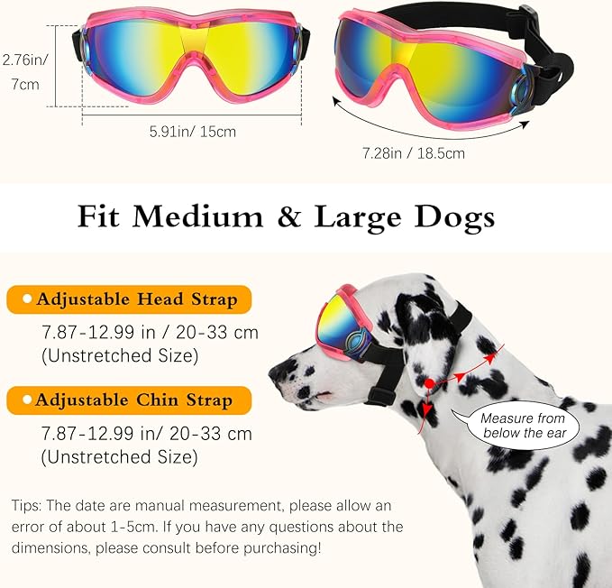 Lewondr Dog Goggles Medium to Large Breed, Dog Sunglasses with Adjustable Straps, UV/Wind/Dust/Fog/Snow Proof Dog Eye Protection Sunglasses for Outdoor Driving Riding, Pink