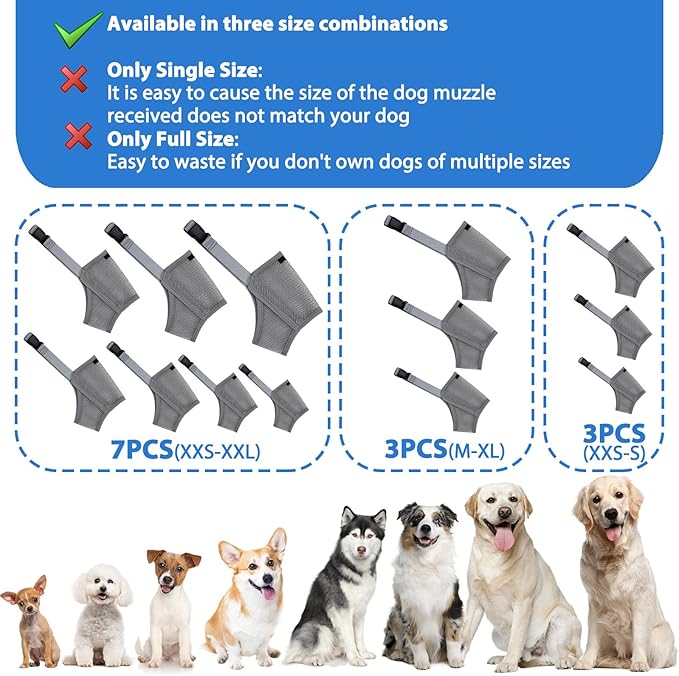 LUCKYPAW Dog Muzzle Suits for Small Medium Large Dogs, Mesh Muzzle Anti Biting Chewing, Breathable Mouth Cover Set with Adjustable Strap for Grooming Vet Visiting Training (Medium 3 PCS(M-XL), Grey)